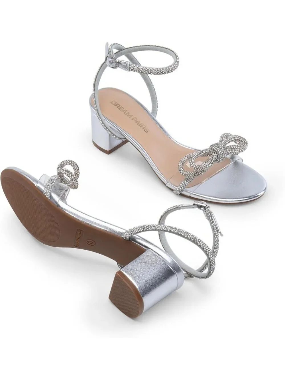 Dream Pairs Women's Silver Open Toe Rhinestone Double Bow Chunky Sandals